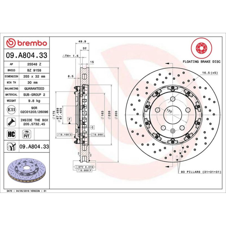 10 481 058 Brembo PREMIUM VA zweiteilig 09.A804.33 10 481 058 Brembo PREMIUM VA zweiteilig 09.A804.33