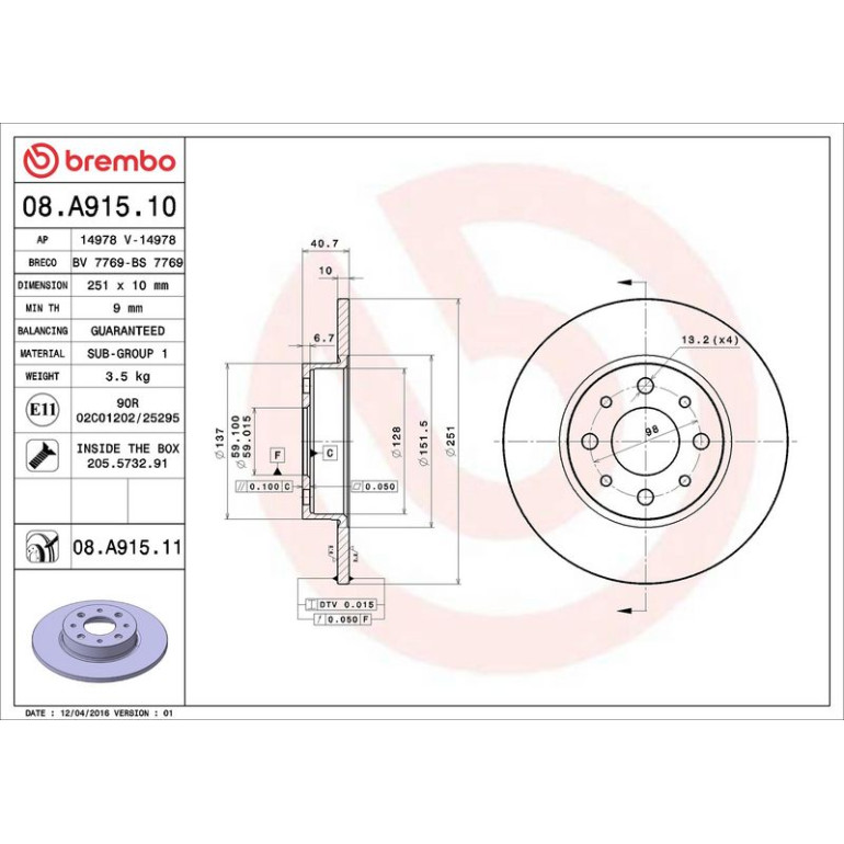 41 482 018 Bremsscheibe HA 08.A915.10 41 482 018 Bremsscheibe HA 08.A915.10