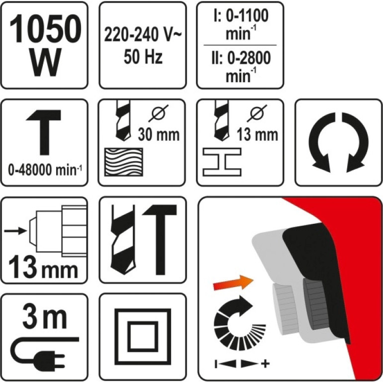 Schlagbohrmaschine Mit Zwei Geschwindigkeiten, 1050 W YT-82044 Schlagbohrmaschine Mit Zwei Geschwindigkeiten, 1050 W YT-82044