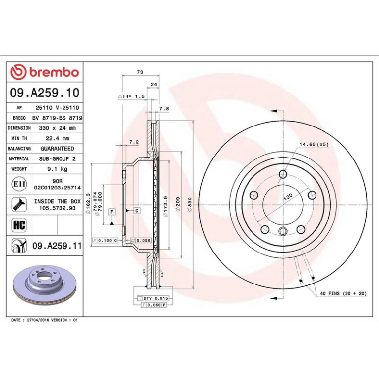 11 481 058 Bremsscheibe VA 09.A259.11 11 481 058 Bremsscheibe VA 09.A259.11