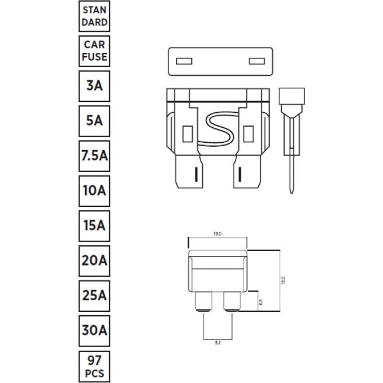 Satzsicherung Standard (Ato), 97 Stück: 3A, 5A, 7,5A, 10A, 15A, 20A, 25A, 30A 03.1005