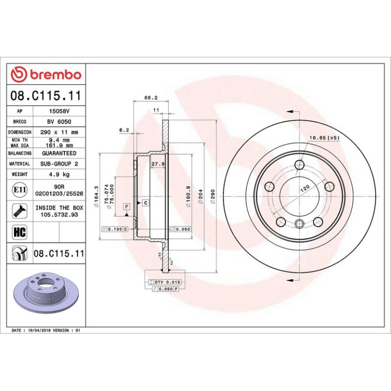 11 482 068 Bremsscheibe HA 08.C115.11 11 482 068 Bremsscheibe HA 08.C115.11