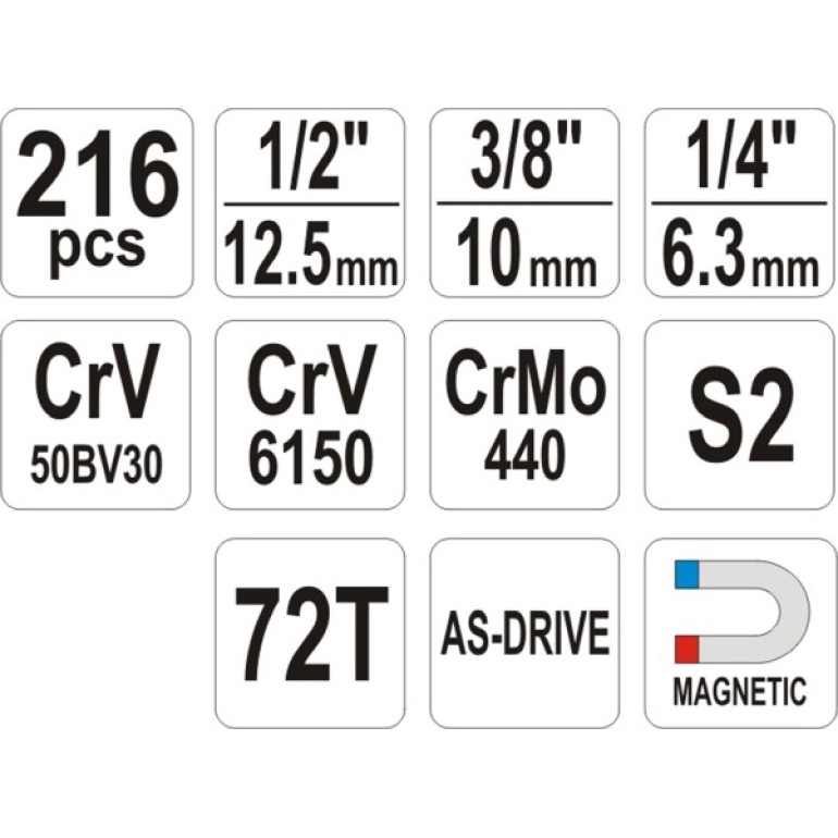 Steckschlüsselsatz Xxl Typ2 1/2 + 3/8 + 1/4 216-Tlg YT-38841 Steckschlüsselsatz Xxl Typ2 1/2 + 3/8 + 1/4 216-Tlg YT-38841