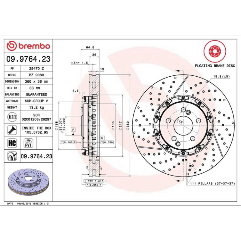 15 481 119 Brembo PREMIUM VA zweiteilig 09.9764.23 15 481 119 Brembo PREMIUM VA zweiteilig 09.9764.23