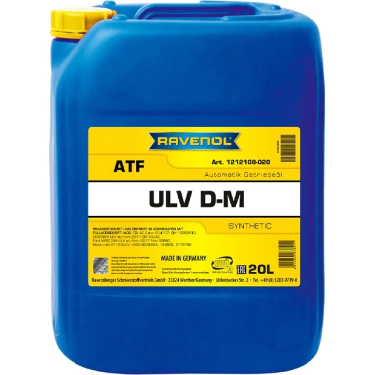Ravenol Atf Ulv Dm 20L Íl / Ac Delco 10-4107 / Dexronr Ulv Ab/Ab 2017 Gm 10L90 / Ford Wss-M2C949-A, Gm 19352619 1212108-020-01-999