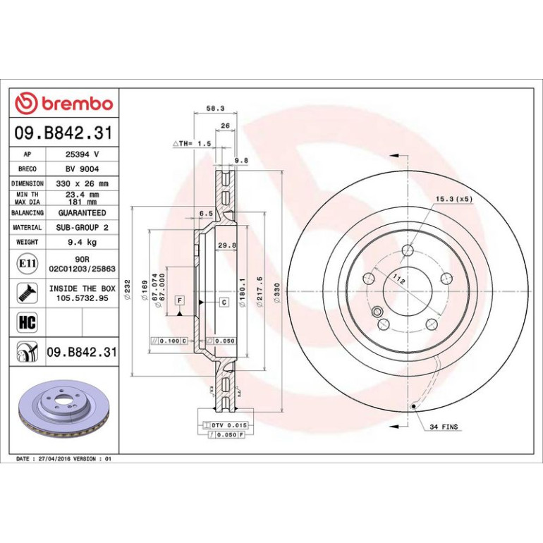 BREMBO Bremsscheibe 09.B842.31 BREMBO Bremsscheibe 09.B842.31