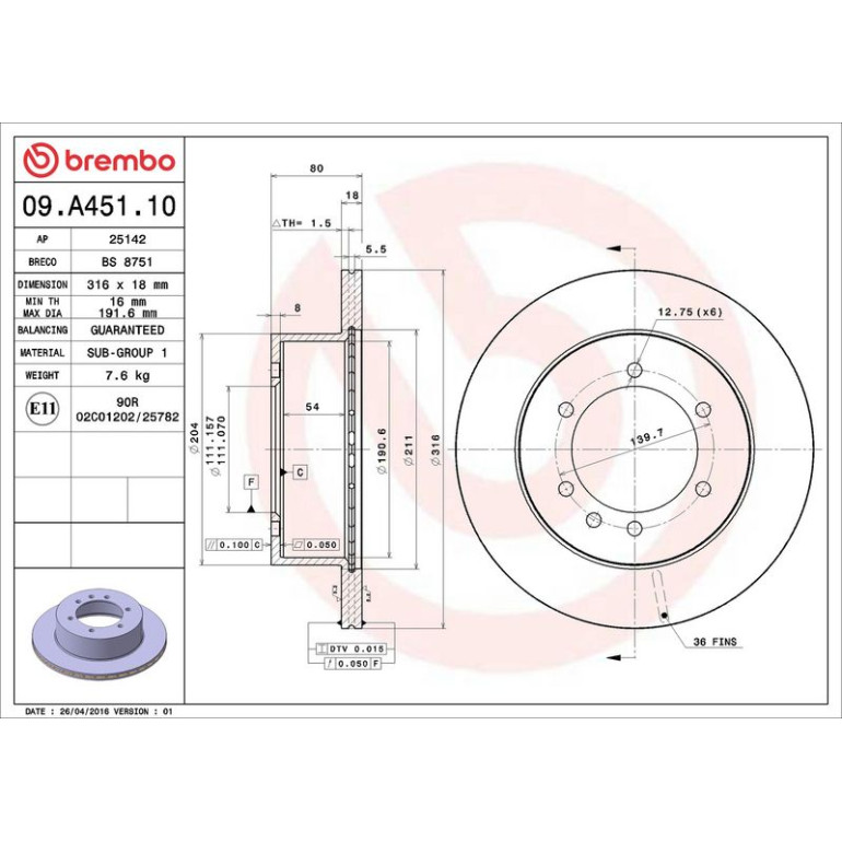 85 482 031 Bremsscheibe HA 09.A451.10 85 482 031 Bremsscheibe HA 09.A451.10