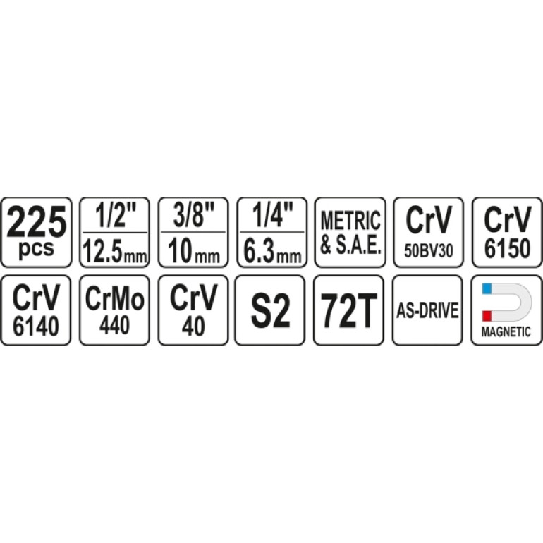 Steckschlüsselsatz Xxl Typ2 1/2 + 3/8 + 1/4 225-Tlg YT-38941 Steckschlüsselsatz Xxl Typ2 1/2 + 3/8 + 1/4 225-Tlg YT-38941