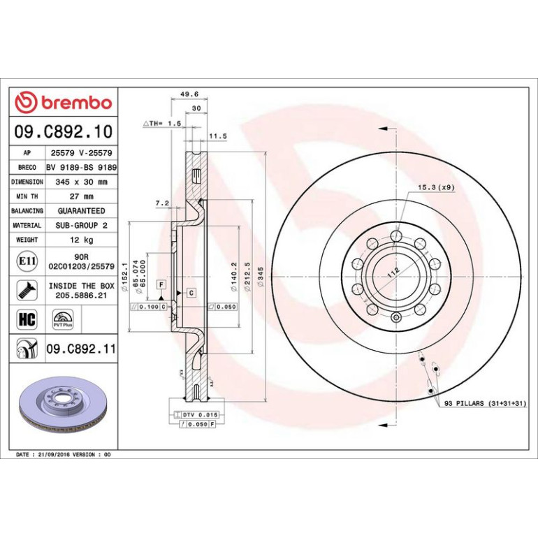 12 481 037 Bremsscheibe VA 09.C892.11 12 481 037 Bremsscheibe VA 09.C892.11