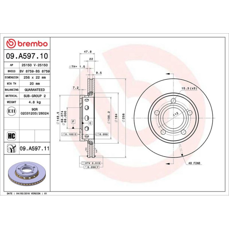 12 482 019 Bremsscheibe HA 09.A597.11 12 482 019 Bremsscheibe HA 09.A597.11