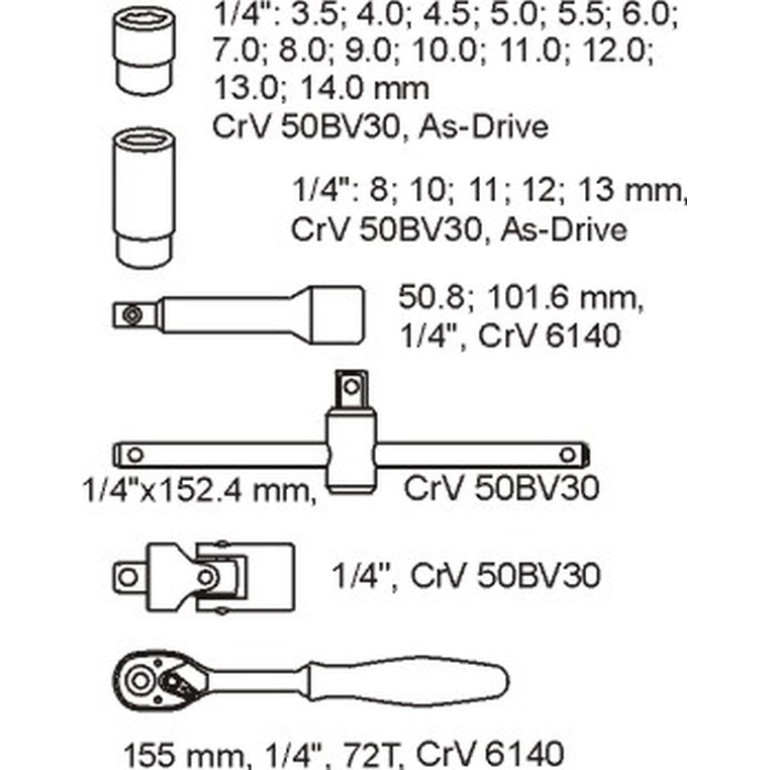 Knarrenkasten 1/4 3,5-14Mm 25-Tlg. In Schubladeneinlage YT-5541 Knarrenkasten 1/4 3,5-14Mm 25-Tlg. In Schubladeneinlage YT-5541