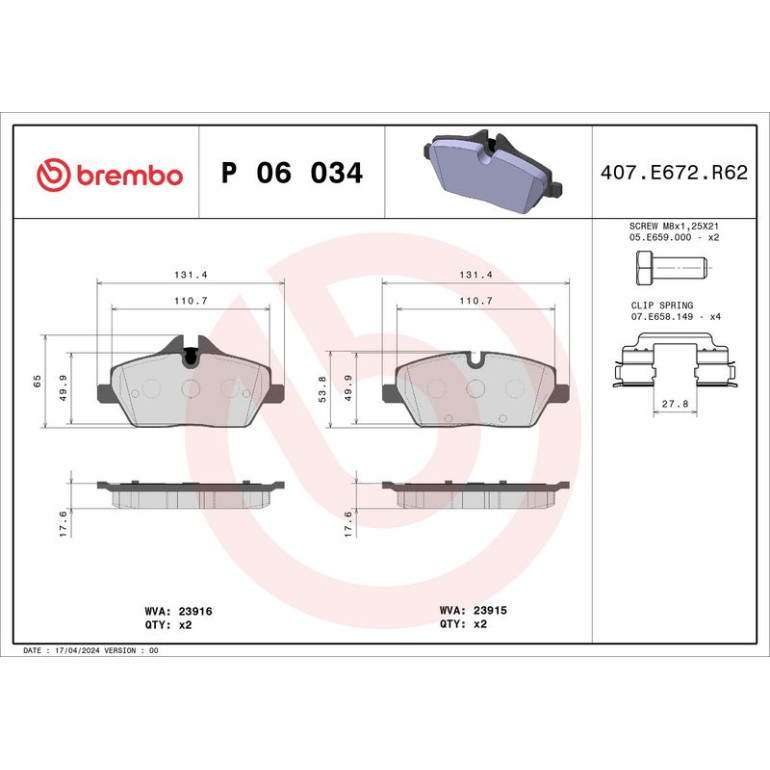 BREMBO Bremsklötze VA P 06 034 BREMBO Bremsklötze VA P 06 034