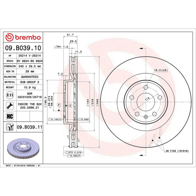 12 481 045 Bremsscheibe VA 09.B039.11 12 481 045 Bremsscheibe VA 09.B039.11