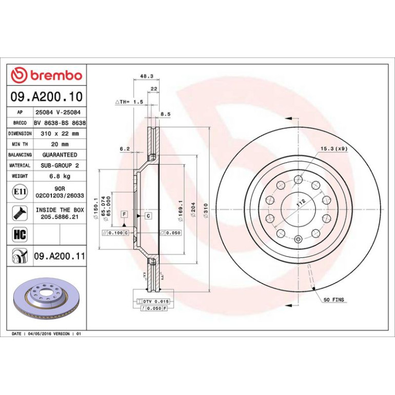17 482 018 Bremsscheibe HA 09.A200.11 17 482 018 Bremsscheibe HA 09.A200.11