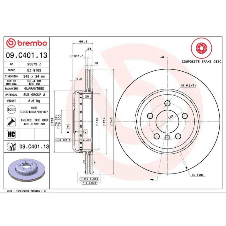 11 482 093 Brembo PREMIUM HA zweiteilig 09.C401.13 11 482 093 Brembo PREMIUM HA zweiteilig 09.C401.13