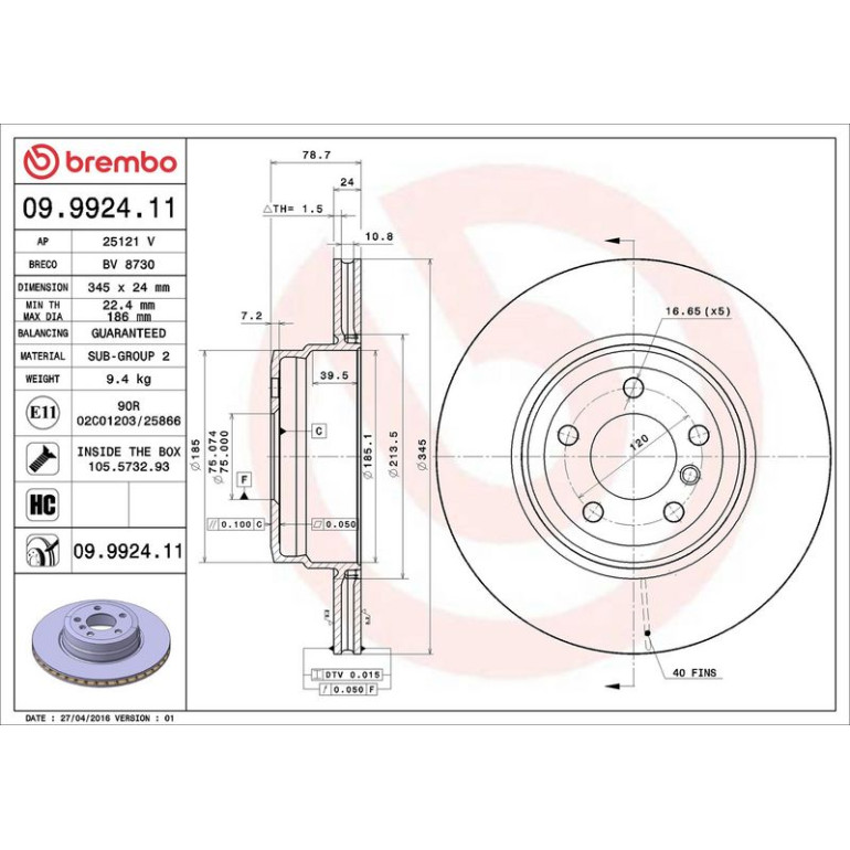 11 482 049 Bremsscheibe HA 09.9924.11 11 482 049 Bremsscheibe HA 09.9924.11