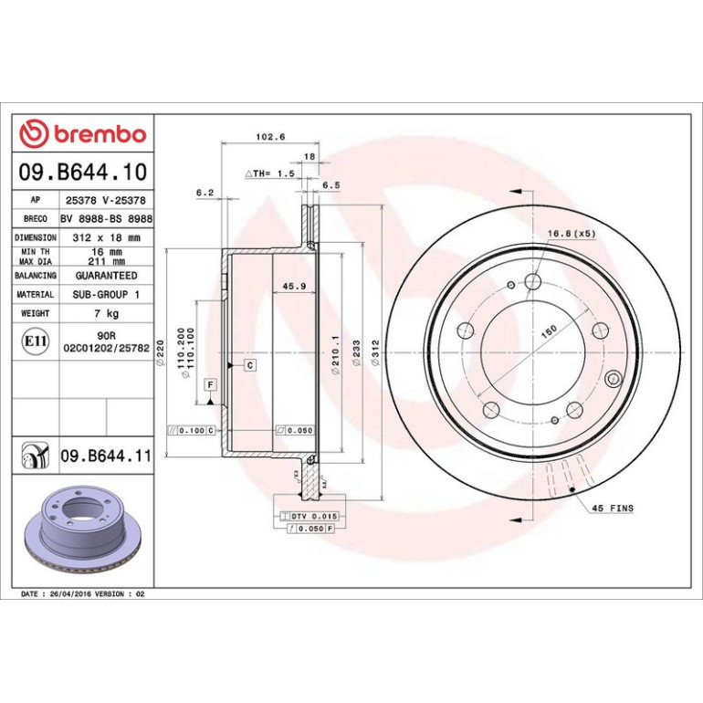 82 482 163 Bremsscheibe HA 09.B644.11 82 482 163 Bremsscheibe HA 09.B644.11