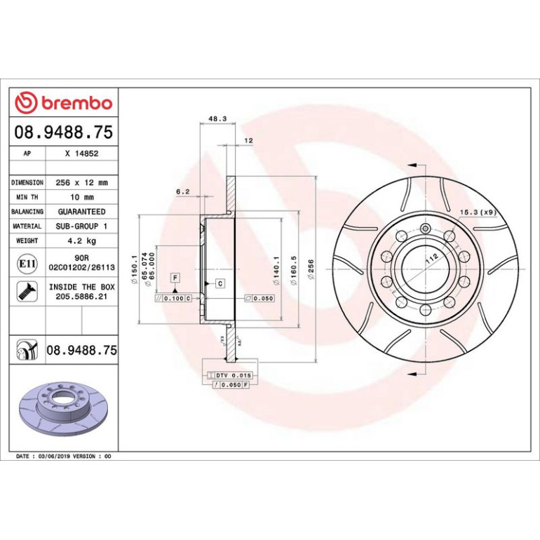 Bremsscheibe HA Brembo Max 08.9488.75 Bremsscheibe HA Brembo Max 08.9488.75