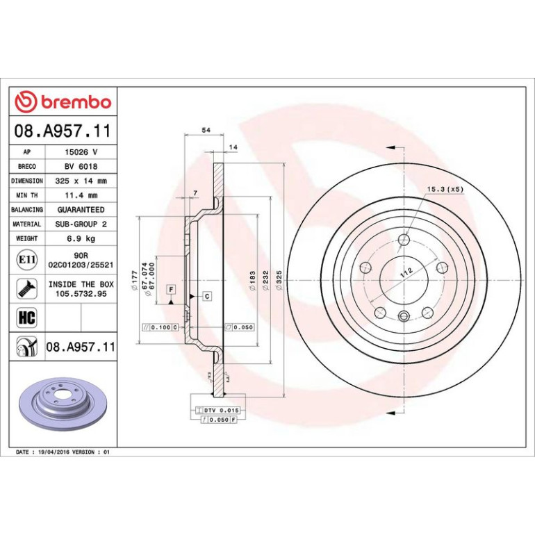 15 482 062 Bremsscheibe HA 08.A957.11 15 482 062 Bremsscheibe HA 08.A957.11