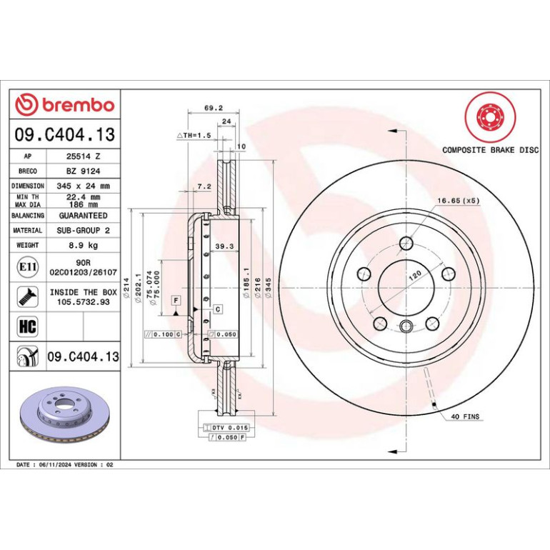 11 482 082 Brembo PREMIUM HA zweiteilig 09.C404.13 11 482 082 Brembo PREMIUM HA zweiteilig 09.C404.13