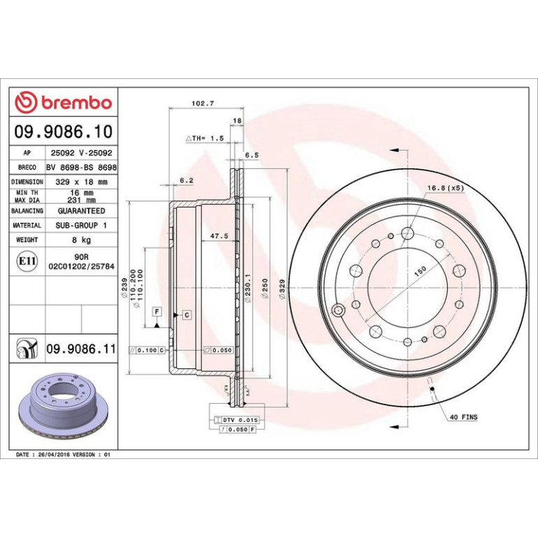 82 482 037 Bremsscheibe HA 09.9086.11