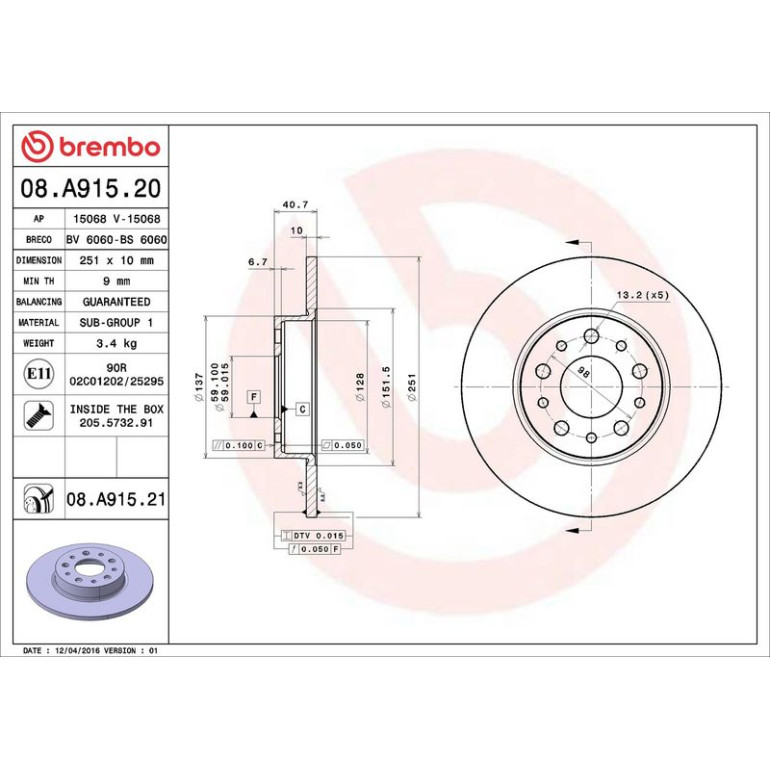 40 482 026 Bremsscheibe HA 08.A915.21 40 482 026 Bremsscheibe HA 08.A915.21