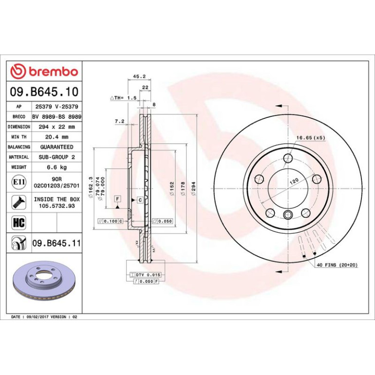 22 481 008 Bremsscheibe VA 09.B645.11 22 481 008 Bremsscheibe VA 09.B645.11
