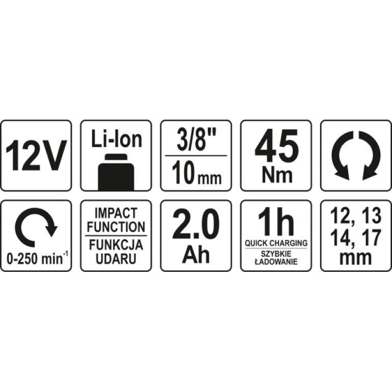 Schlagratsche 3/8-1/2 45 Nm 12V (2,0Ah, 1H) YT-82902 Schlagratsche 3/8-1/2 45 Nm 12V (2,0Ah, 1H) YT-82902