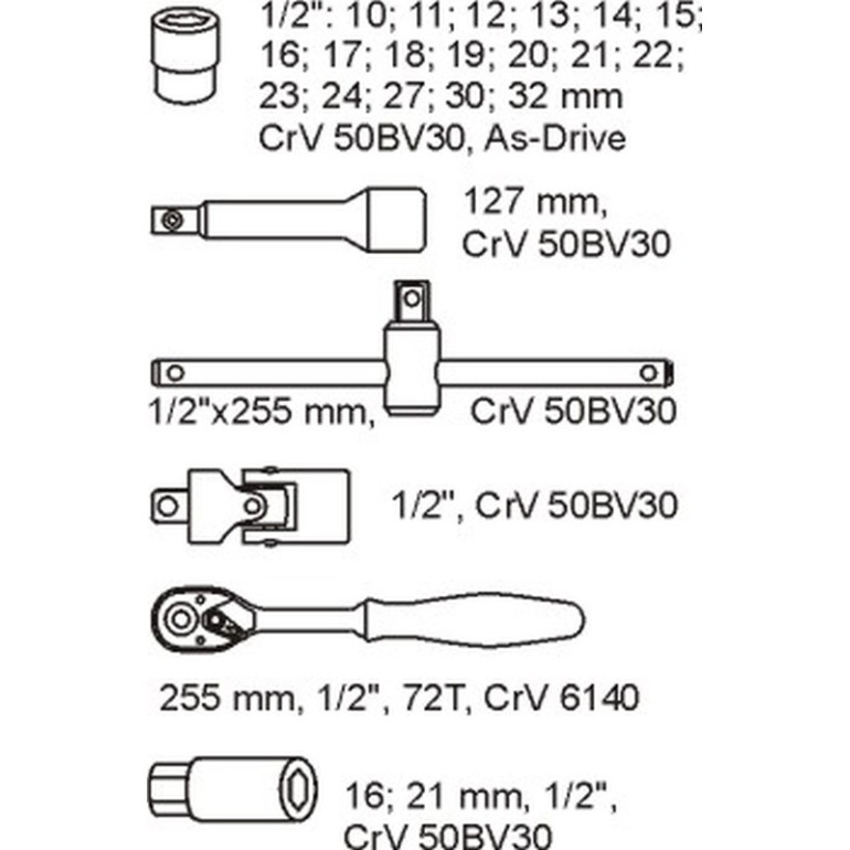 Knarrenkasten 1/2 24-Tlg. 10-32Mm In Schubladeneinlage YT-5537 Knarrenkasten 1/2 24-Tlg. 10-32Mm In Schubladeneinlage YT-5537