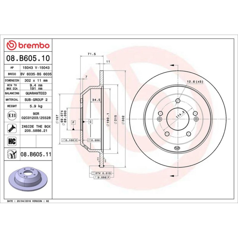80 482 016 Bremsscheibe HA 08.B605.11 80 482 016 Bremsscheibe HA 08.B605.11