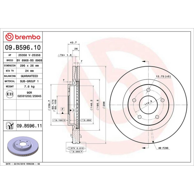 85 481 075 Bremsscheibe VA 09.B596.11 85 481 075 Bremsscheibe VA 09.B596.11