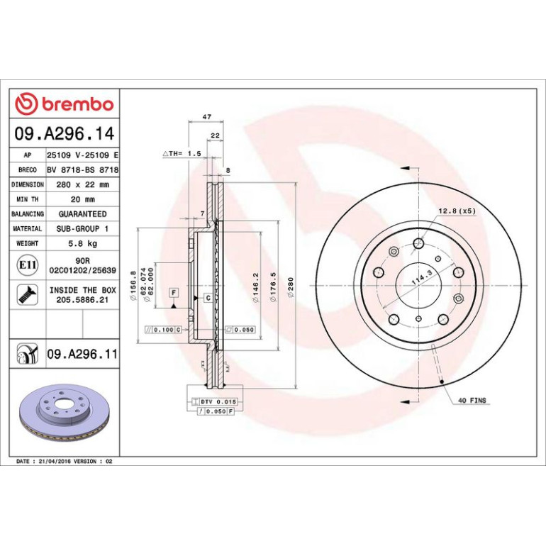40 481 047 Bremsscheibe VA 09.A296.11 40 481 047 Bremsscheibe VA 09.A296.11