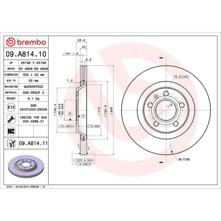 12 482 034 Bremsscheibe HA 09.A814.11 12 482 034 Bremsscheibe HA 09.A814.11