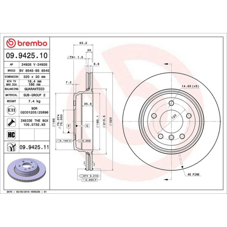 11 482 037 Bremsscheibe HA 09.9425.11 11 482 037 Bremsscheibe HA 09.9425.11