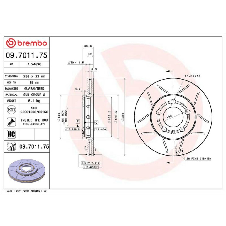 BREMBO Bremsscheibe 09.7011.75 BREMBO Bremsscheibe 09.7011.75