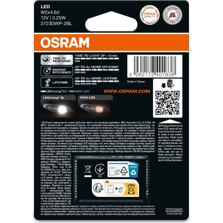 OSRAM LEDriving® SL ~W2.3W W2x4.6d 0.25W 12V 6000K 25 lm Weiß OSRAM LEDriving® SL ~W2.3W W2x4.6d 0.25W 12V 6000K 25 lm Weiß