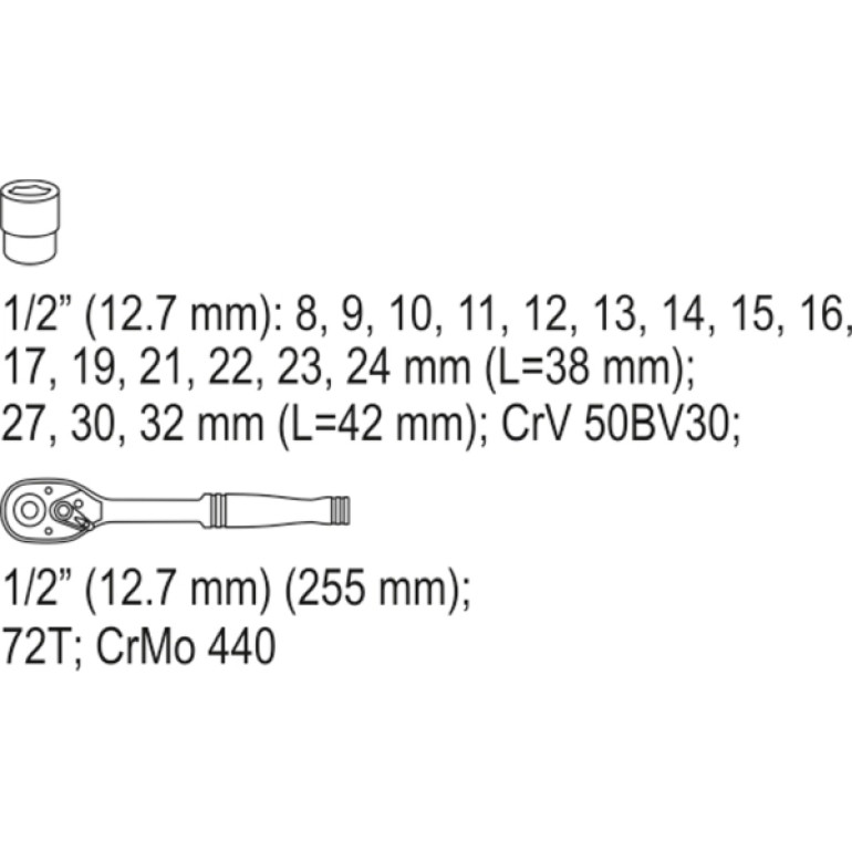 Steckschlüsselsatz 1/2 Typ2 19-Tlg YT-38681 Steckschlüsselsatz 1/2 Typ2 19-Tlg YT-38681