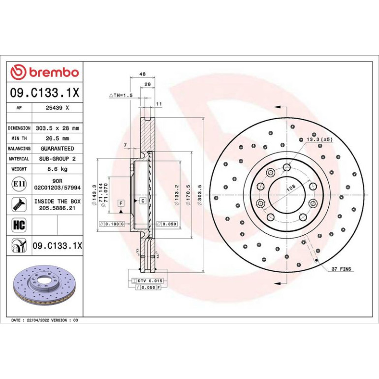 BREMBO Bremsscheibe XTRA VA 09.C133.1X BREMBO Bremsscheibe XTRA VA 09.C133.1X