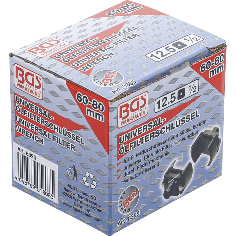 BGS Universal-Ölfilterschlüssel Antrieb Innenvierkant 12,5 mm (1/2 ) Ø 60 - 80 mm 8395 BGS Universal-Ölfilterschlüssel Antrieb Innenvierkant 12,5 mm (1/2 ) Ø 60 - 80 mm 8395