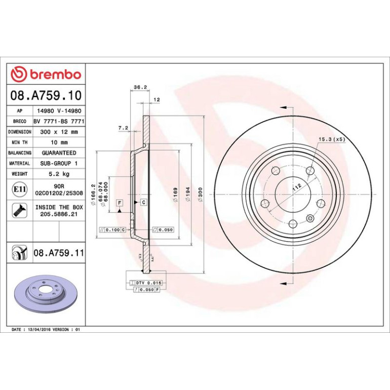 12 482 038 Bremsscheibe HA 08.A759.11 12 482 038 Bremsscheibe HA 08.A759.11
