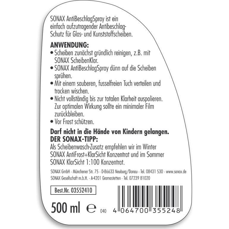 Sonax Antibeschlag Spray 500ml 03552410 Sonax Antibeschlag Spray 500ml 03552410