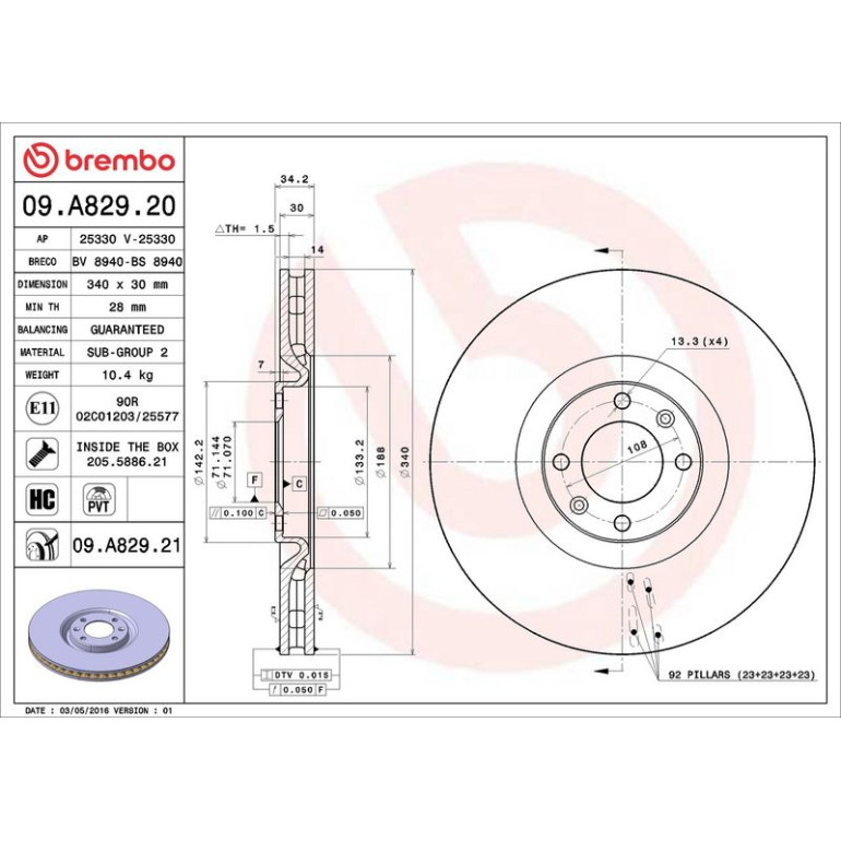 70 481 040 Bremsscheibe VA 09.A829.21 70 481 040 Bremsscheibe VA 09.A829.21