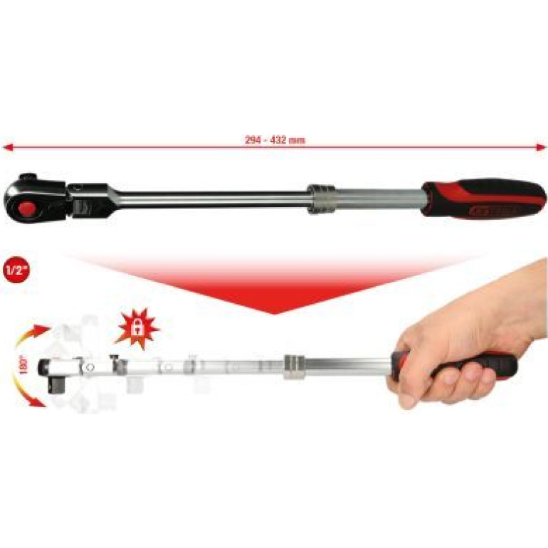 KS TOOLS Kniehebel-Teleskopknarre 1/2 CHROMEplus, 72 Zähne 914.1220