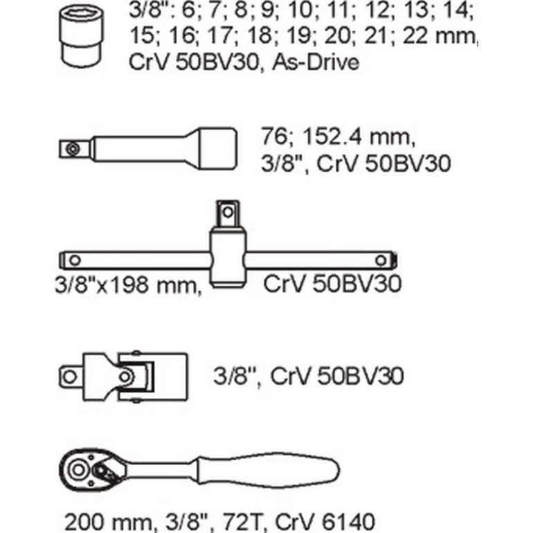 Knarrenkasten 3/8 6-22Mm 22-Tlg. In Schubladeneinlage YT-5542 Knarrenkasten 3/8 6-22Mm 22-Tlg. In Schubladeneinlage YT-5542