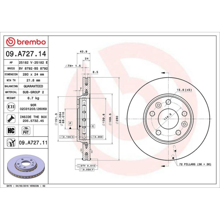 72 481 046 Bremsscheibe VA 09.A727.11 72 481 046 Bremsscheibe VA 09.A727.11