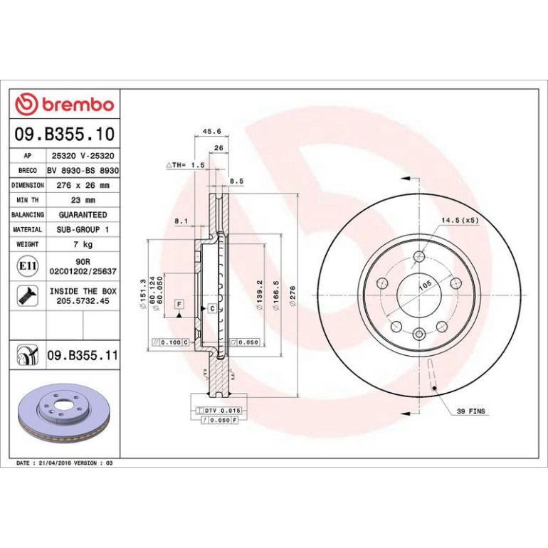10 481 051 Bremsscheibe VA 09.B355.11 10 481 051 Bremsscheibe VA 09.B355.11