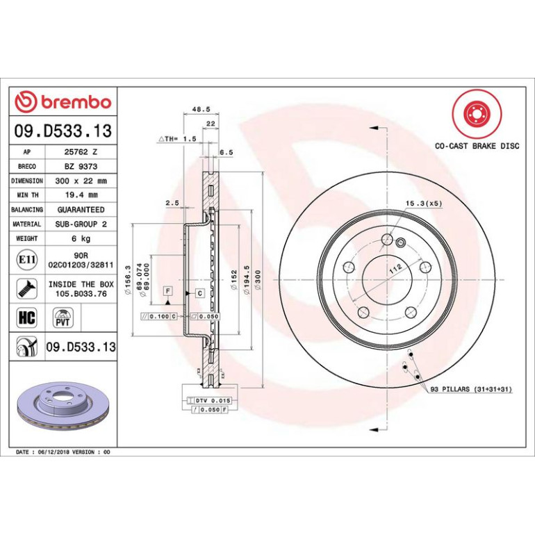 15 482 107 Bremsscheibe HA Co-Cast 09.D533.13 15 482 107 Bremsscheibe HA Co-Cast 09.D533.13