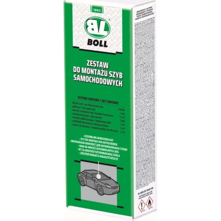 BOLL 0070092 Autoscheiben-Montageset BOLL: Kleber 310 ml, Primer 15 ml, Schneidedraht 1,5 m, Entfettungstuch 1 Stk., Abstandhalter 2 Stk., Drahthalter 2 Stk