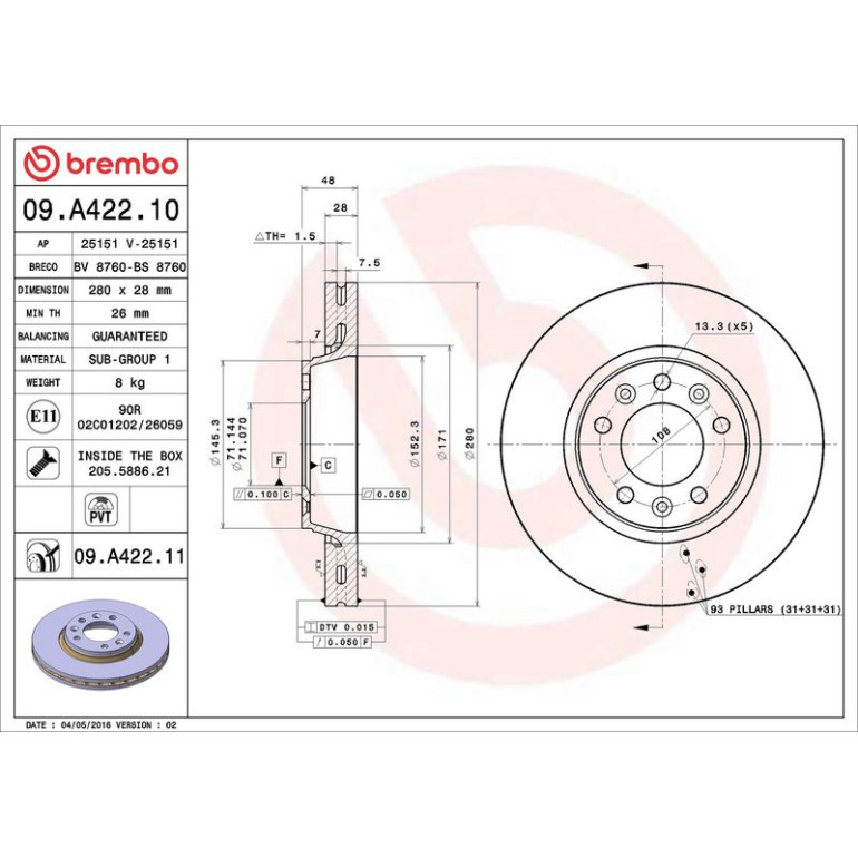 70 481 033 Bremsscheibe VA 09.A422.11 70 481 033 Bremsscheibe VA 09.A422.11