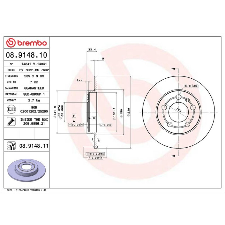 12 482 015 Bremsscheibe HA 08.9148.11 12 482 015 Bremsscheibe HA 08.9148.11
